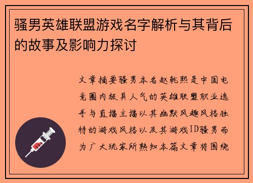 骚男英雄联盟游戏名字解析与其背后的故事及影响力探讨