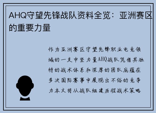 AHQ守望先锋战队资料全览：亚洲赛区的重要力量
